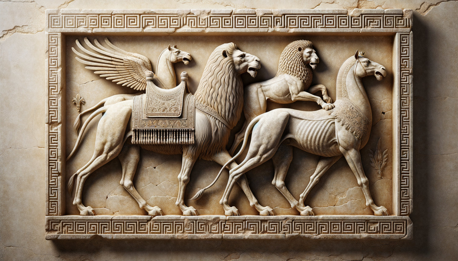 Relief palmyrénien antique montrant chameau, lion et créatures mythologiques dans un style syncrétique gréco-oriental, IIe siècle