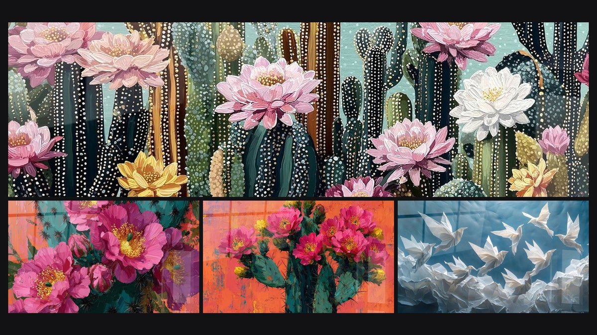 Mosaïque de quatre tableaux, dont Cactus et Fleurs Roses sur Fond Turquoise et Origami Danse de papier