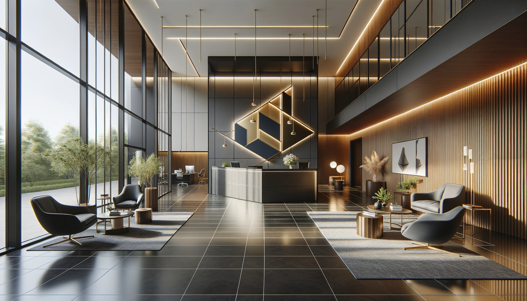 Œuvre d'art géométrique minimaliste contemporaine dans un cabinet d'avocats moderne avec tons bleu marine et or