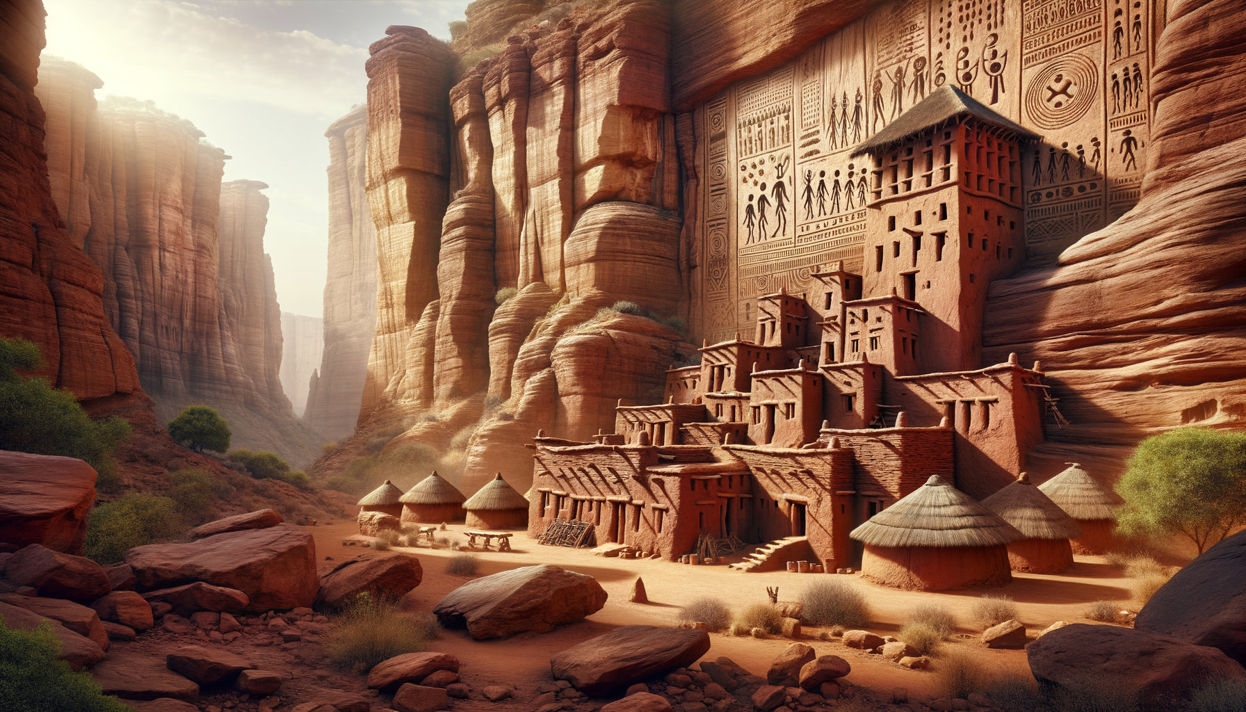 Art rupestre et architecture dogon sur les falaises de Bandiagara représentant le mythe de création Nommo