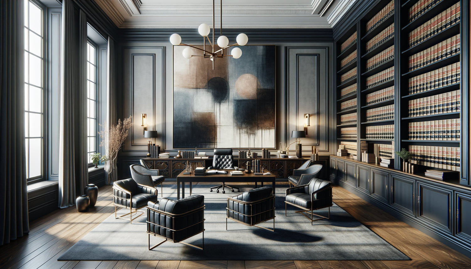 Œuvre d'art contemporain sophistiquée dans une étude notariale élégante avec mobilier classique en bois sombre