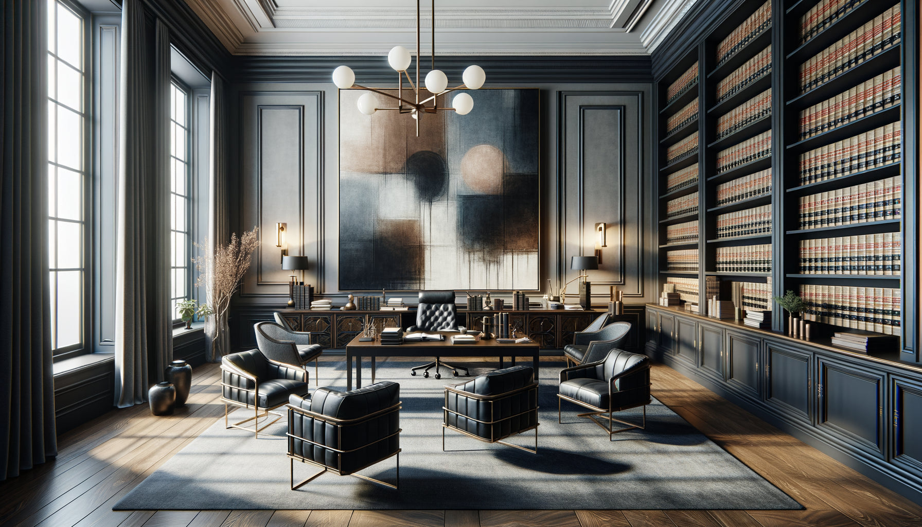 Œuvre d'art contemporain sophistiquée dans une étude notariale élégante avec mobilier classique en bois sombre