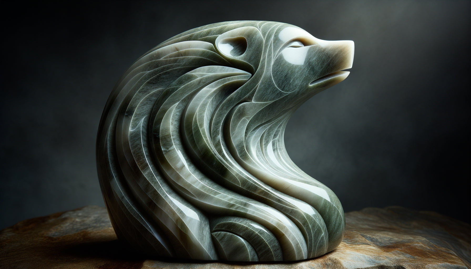 Sculpture traditionnelle inuite en stéatite avec contours flous intentionnels représentant un animal arctique, esthétique spirituelle ancestrale