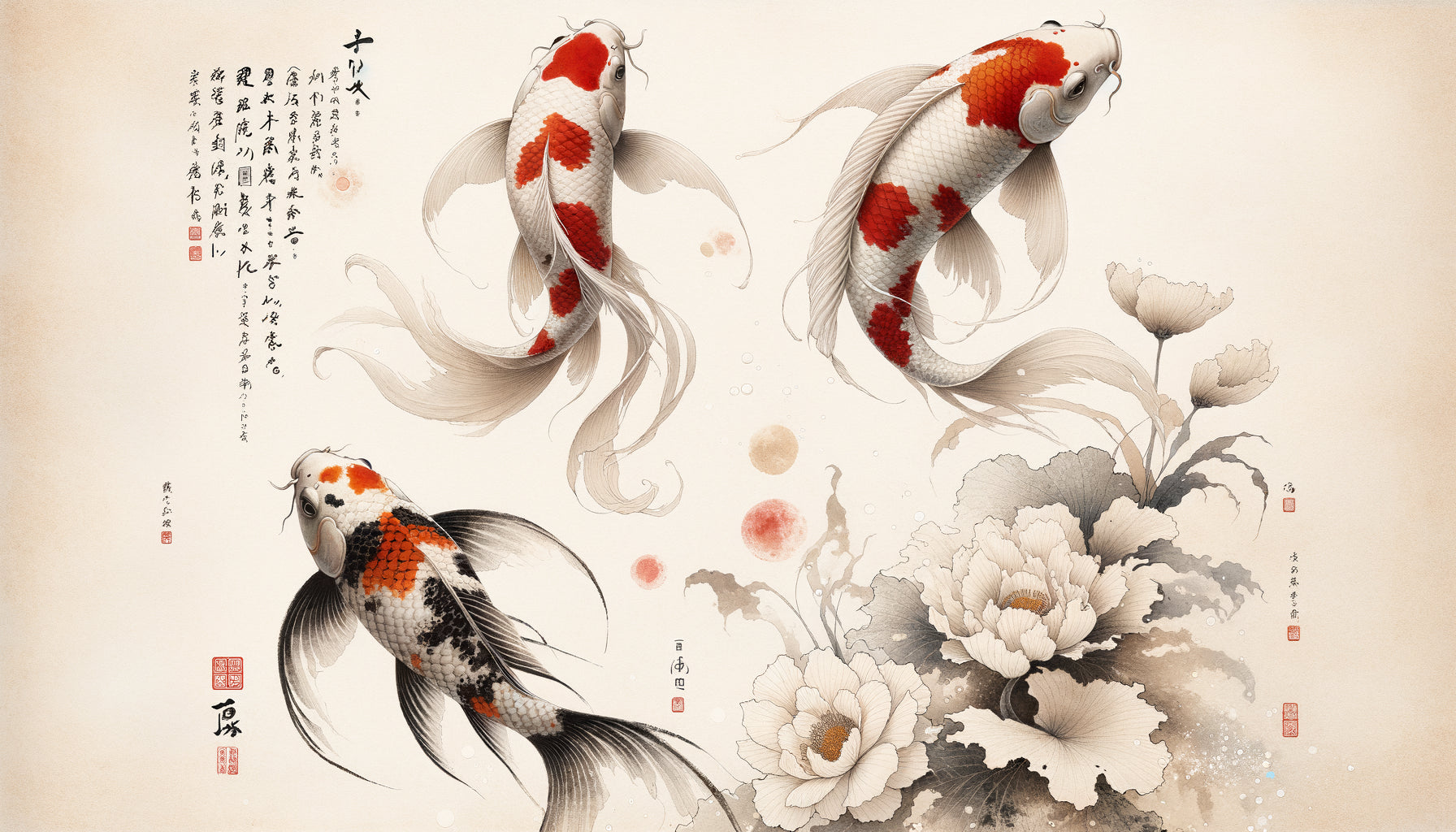 Poissons japonais traditionnels flottant dans le vide blanc, style sumi-e période Edo, concept ma philosophique