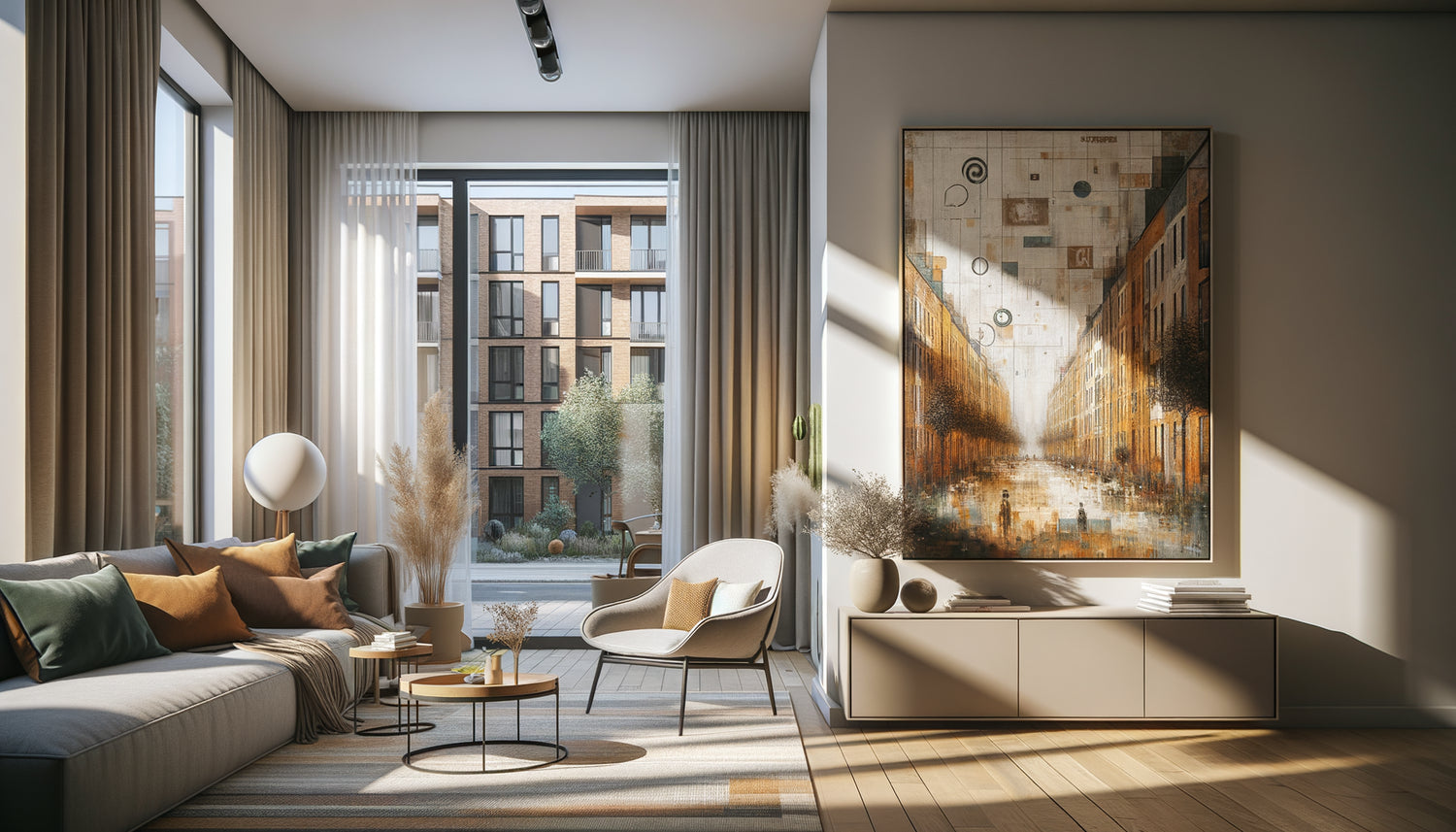 Intérieur d'appartement contemporain avec œuvre d'art local abstraite sur mur blanc, lumière naturelle, atmosphère chaleureuse et habitée