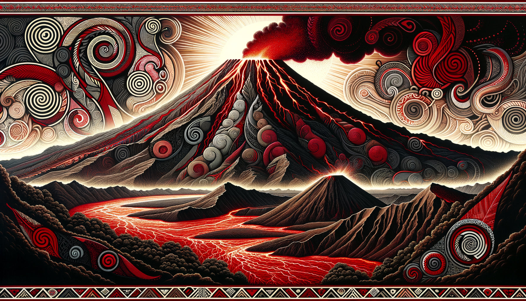 Représentation artistique maorie d'un volcan actif intégrant spirales koru, motifs géométriques traditionnels et symbolique des dieux telluriques
