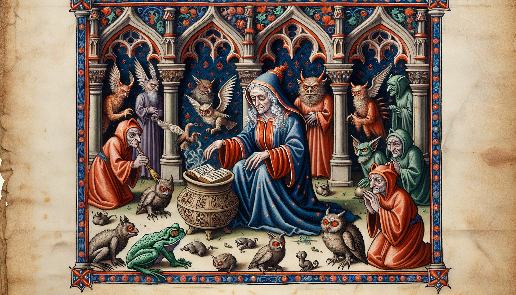 Enluminure médiévale du 15ème siècle montrant une sorcière avec crapauds et démons, sans chat noir