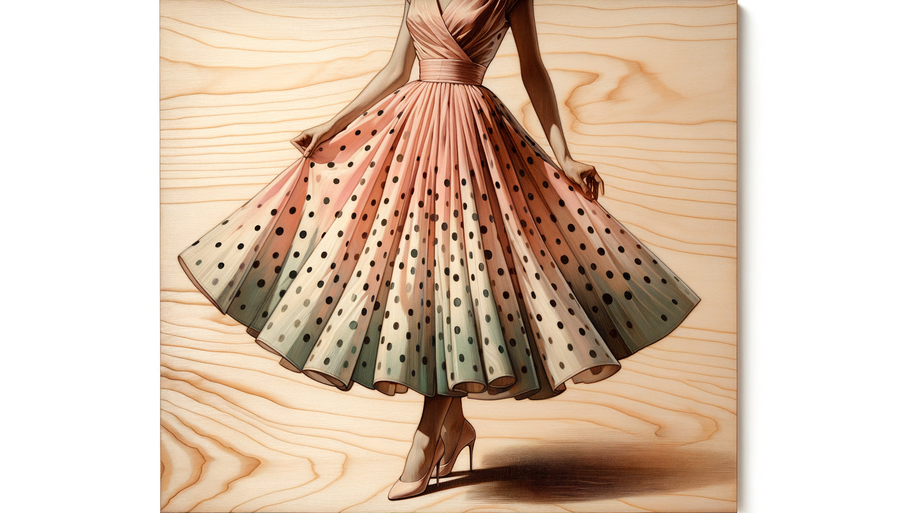 Illustration vintage de mode des années 1950 peinte sur panneau de bois de peuplier clair, détails délicats sur surface soyeuse