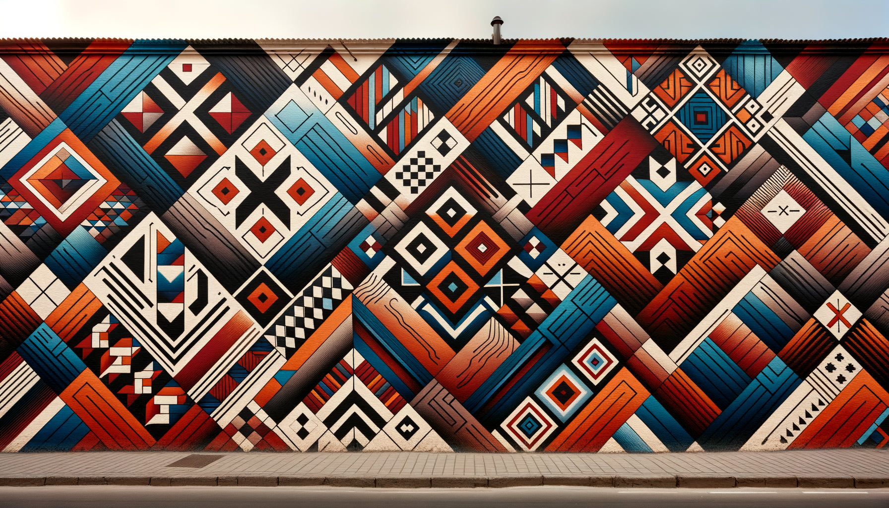 Fresque murale abstraite chilienne contemporaine intégrant motifs géométriques traditionnels textiles Mapuche, couleurs indigo et terracotta