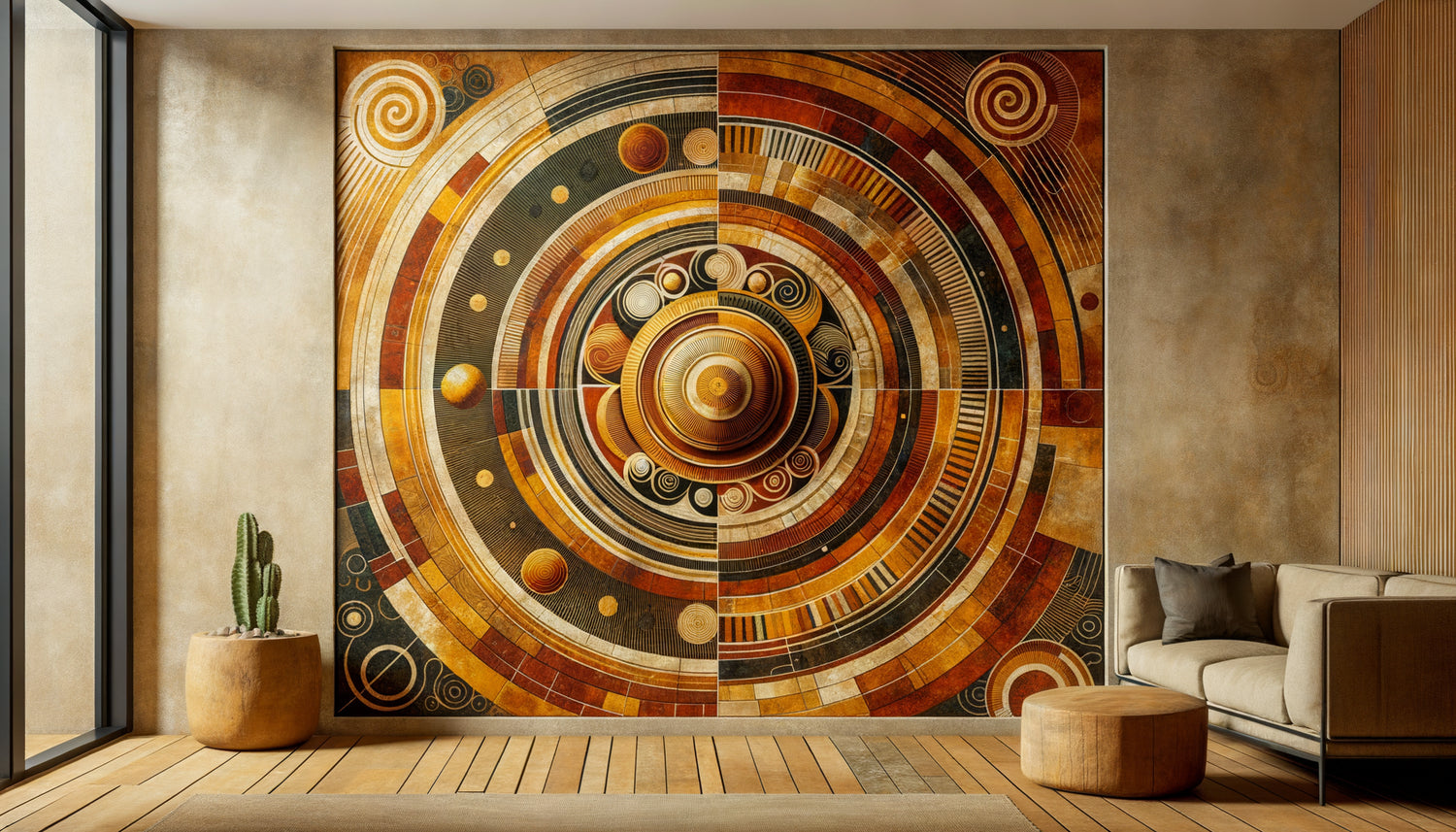 Art mural abstrait colombien intégrant spirales cosmiques et cercles solaires Muiscas préhispaniques, palette terracotta et ocre