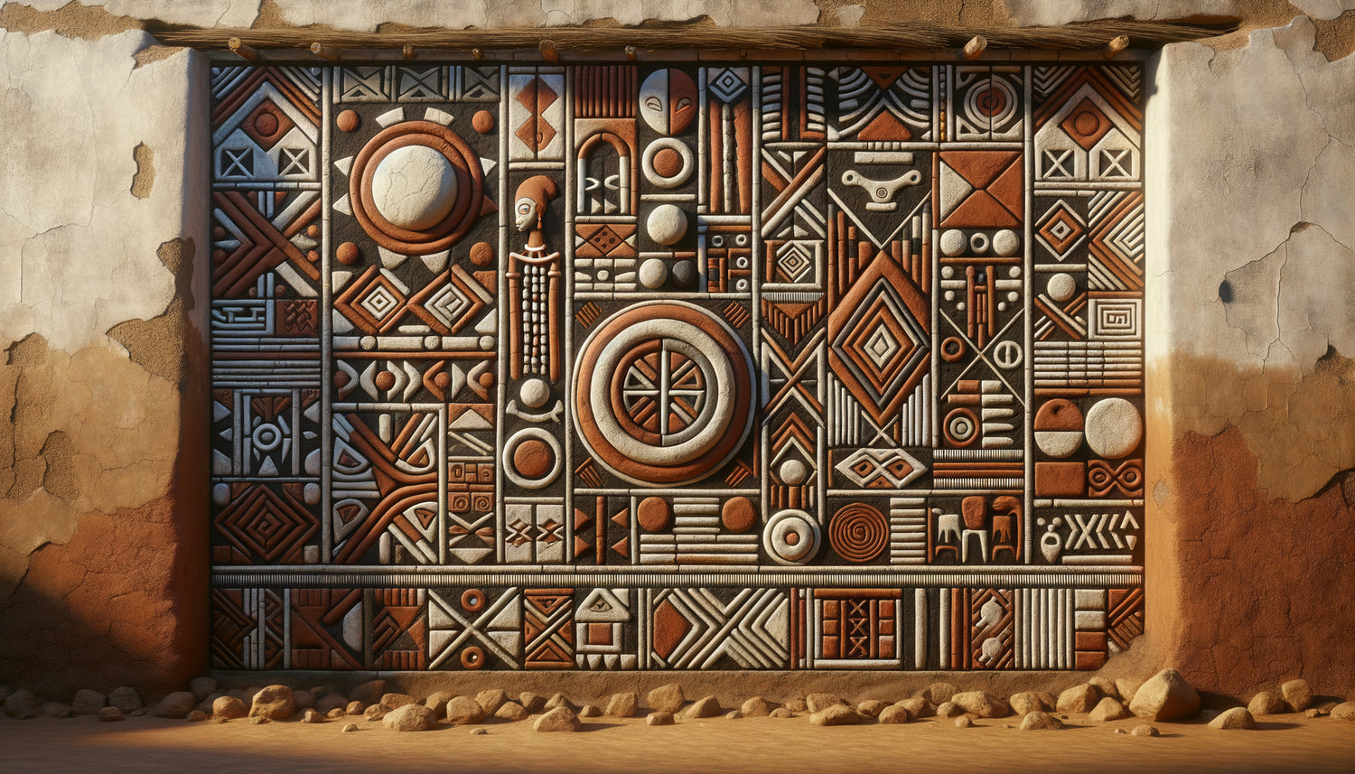 Fresque murale africaine traditionnelle avec motifs géométriques symboliques remplaçant les représentations humaines, pigments naturels ocres et noirs