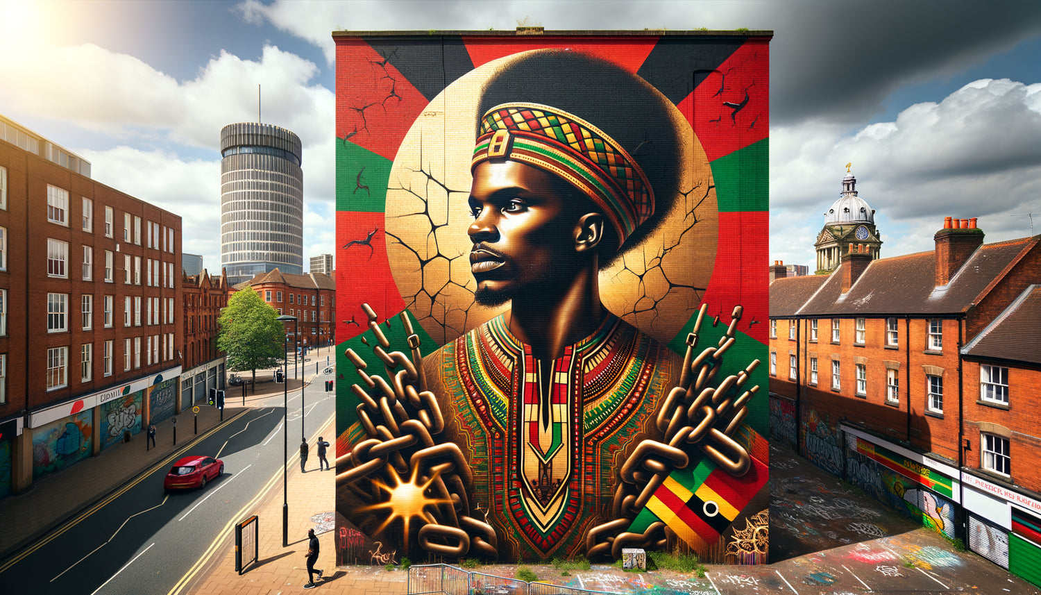 Fresque murale monumentale afro-britannique célébrant une figure héroïque de la décolonisation à Birmingham, couleurs pan-africaines vibrantes