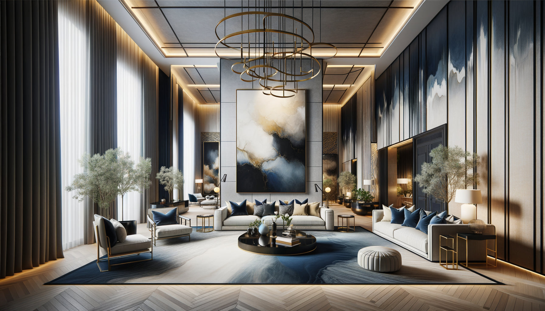 Intérieur Airbnb luxe avec art mural contemporain statement comme signature identitaire, décoration haut de gamme cohésive et sophistiquée