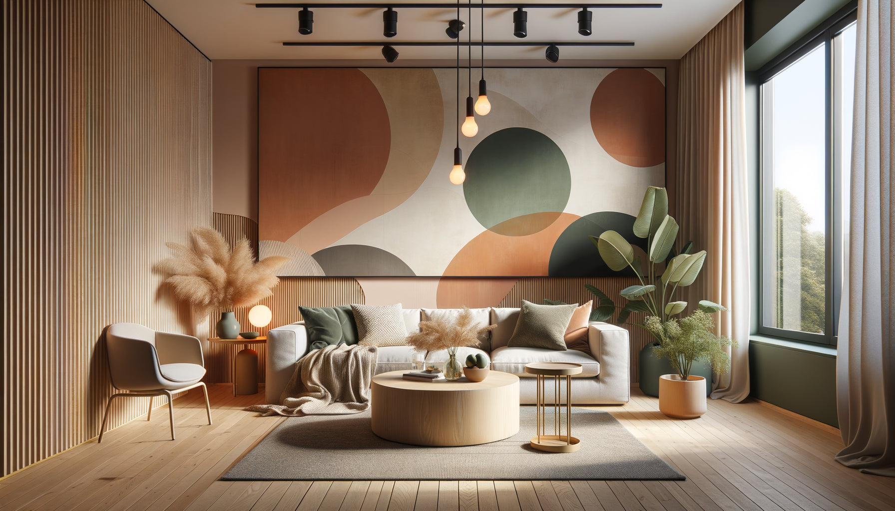 Studio Airbnb moderne transformé par art mural abstrait chaleureux, design cocon fonctionnel et stylé