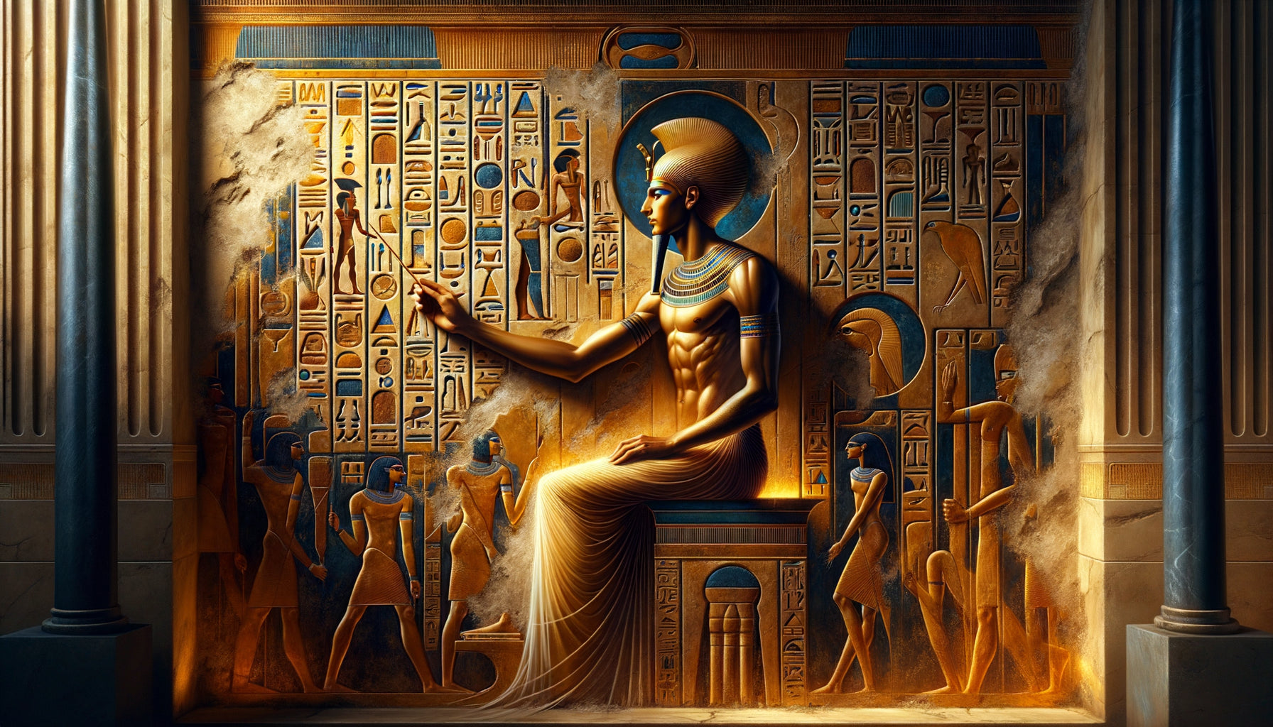 Peinture murale ptolémaïque d'Alexandrie fusionnant hiéroglyphes égyptiens et perspective hellénistique, 200 av. J.-C.