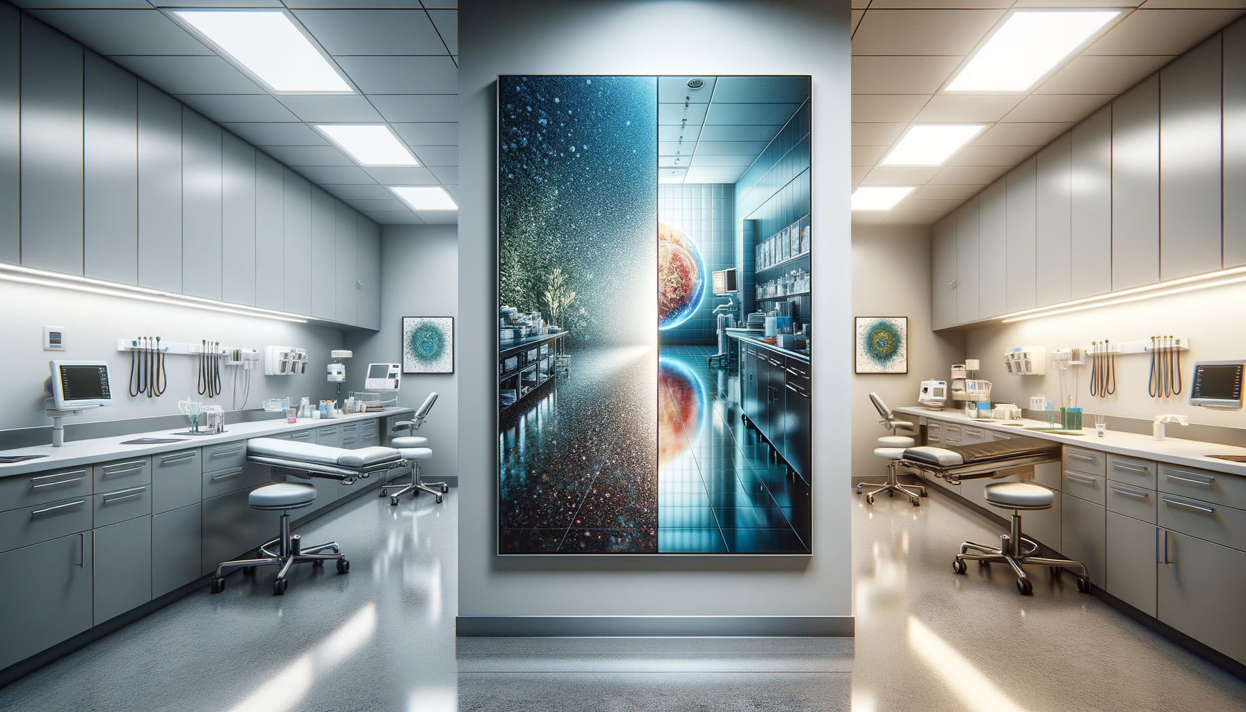 Comparaison photographique entre art mural sur aluminium et toile dans cabinet médical moderne