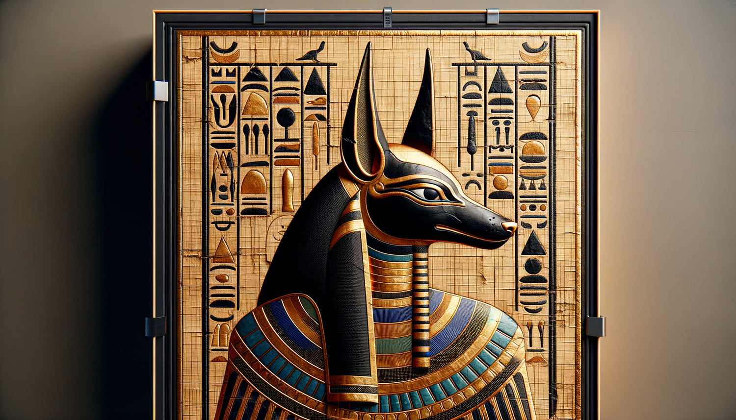Art mural représentant Anubis égyptien avec finitions de conservation professionnelles, vernis protecteur et encadrement sous verre musée
