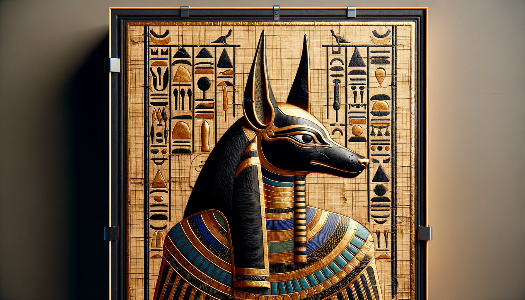 Art mural représentant Anubis égyptien avec finitions de conservation professionnelles, vernis protecteur et encadrement sous verre musée