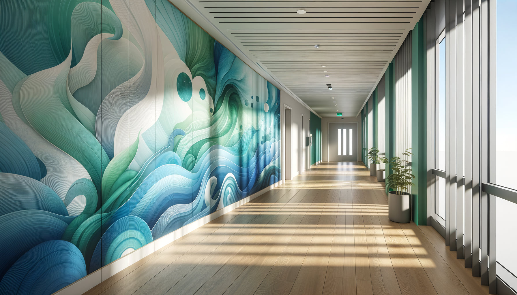 Art mural aux tons bleus et verts apaisants dans un corridor d'hôpital moderne, créant une ambiance thérapeutique