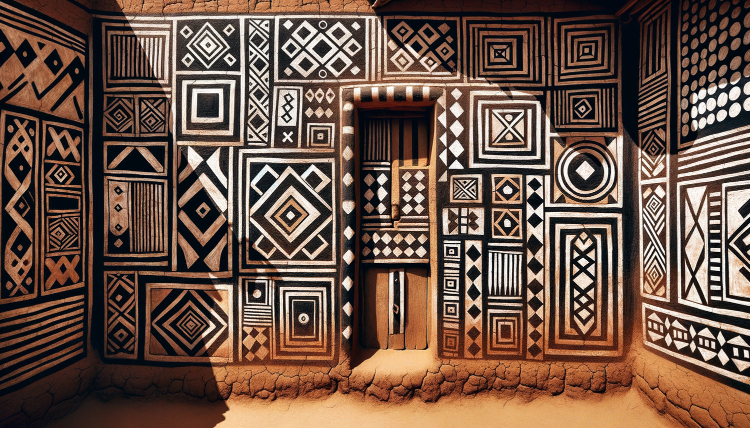 Mur traditionnel Bobo du Burkina Faso orné de motifs géométriques en damier noir et blanc, art mural spirituel ancestral