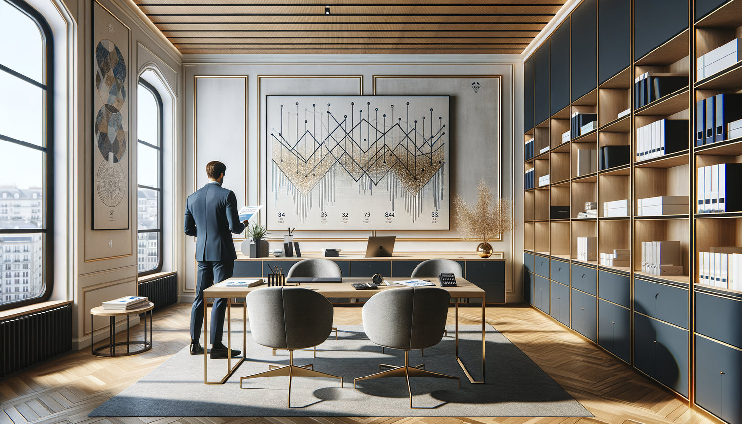 Dirigeant d'entreprise analysant une œuvre d'art mural contemporaine dans un bureau professionnel moderne avec documents fiscaux