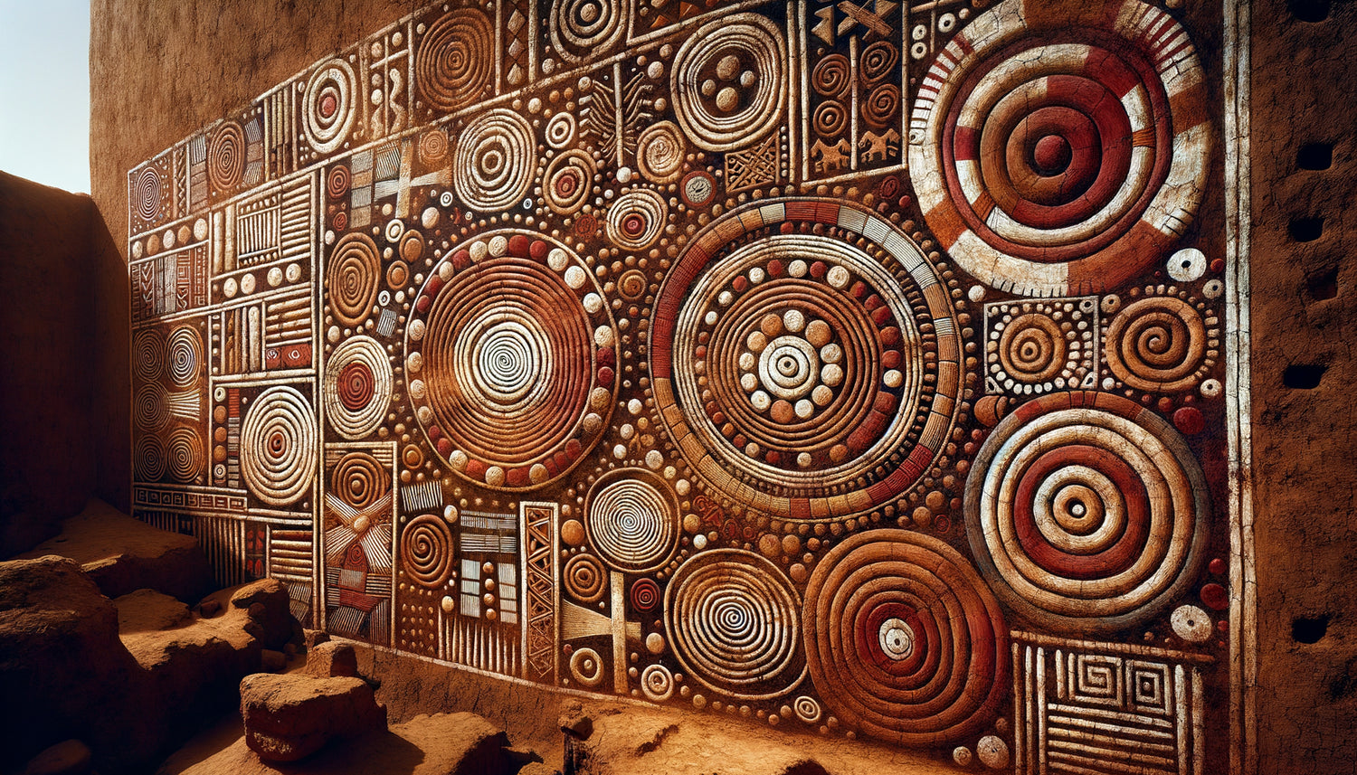 Fresque murale traditionnelle dogon aux motifs géométriques ocre et blancs encodant leur cosmologie ancestrale, falaises de Bandiagara, Mali