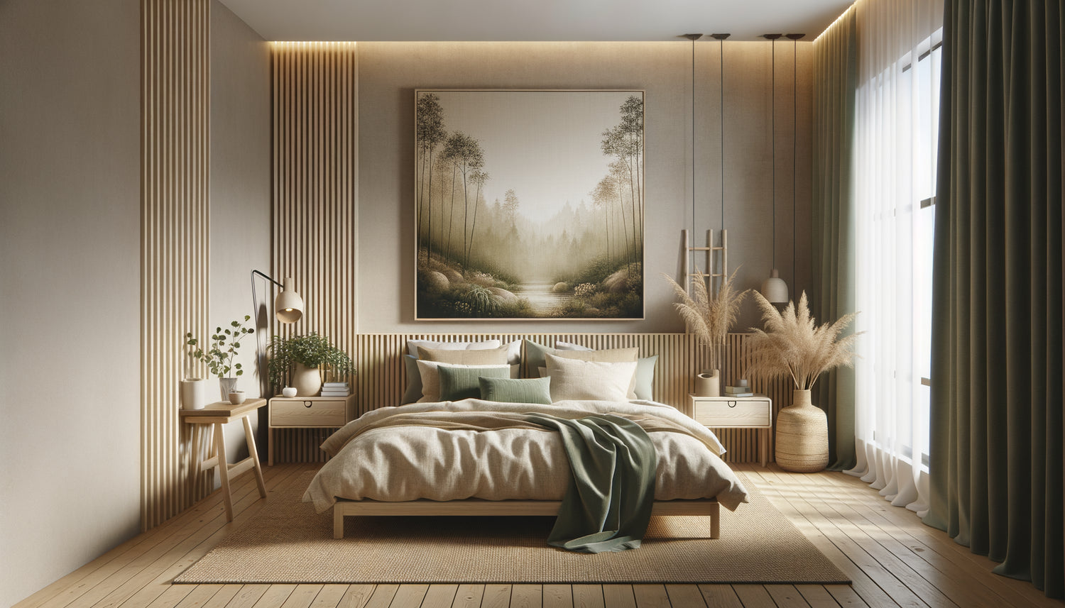 Chambre Airbnb moderne avec tableau mural écologique en toile naturelle représentant paysage forestier apaisant et matériaux durables