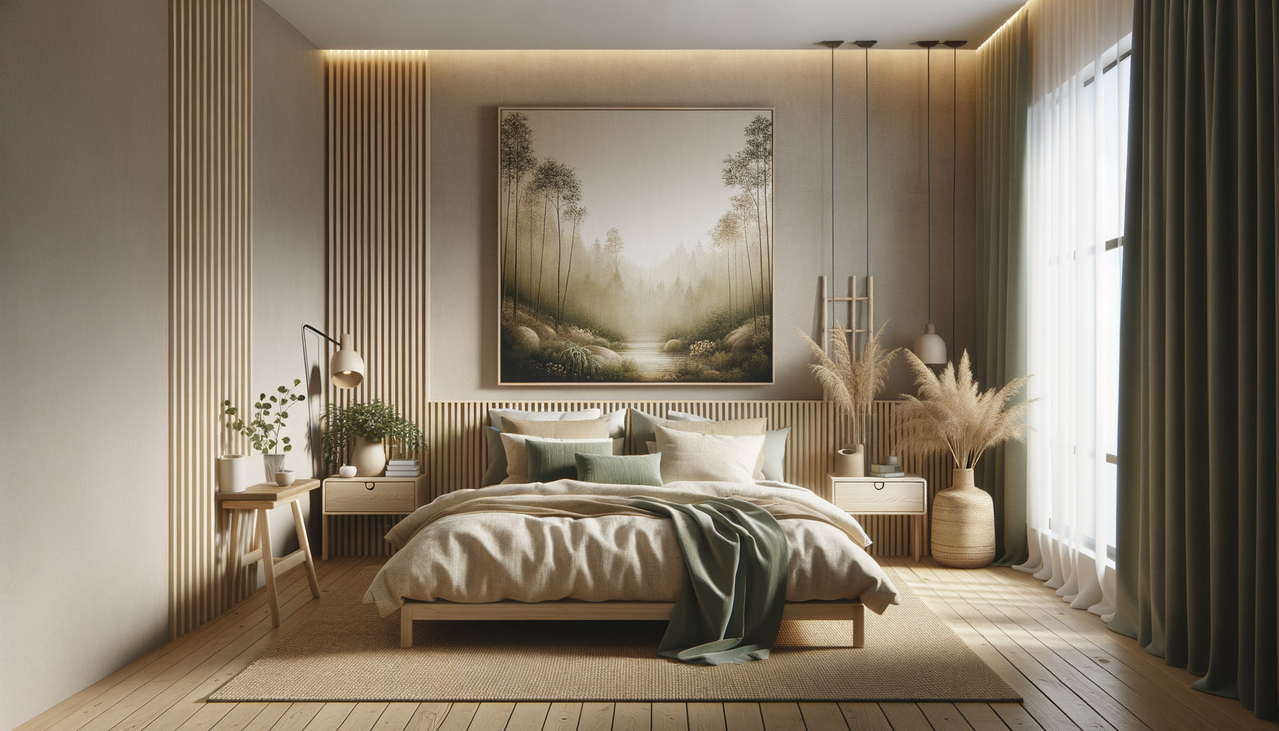 Chambre Airbnb moderne avec tableau mural écologique en toile naturelle représentant paysage forestier apaisant et matériaux durables