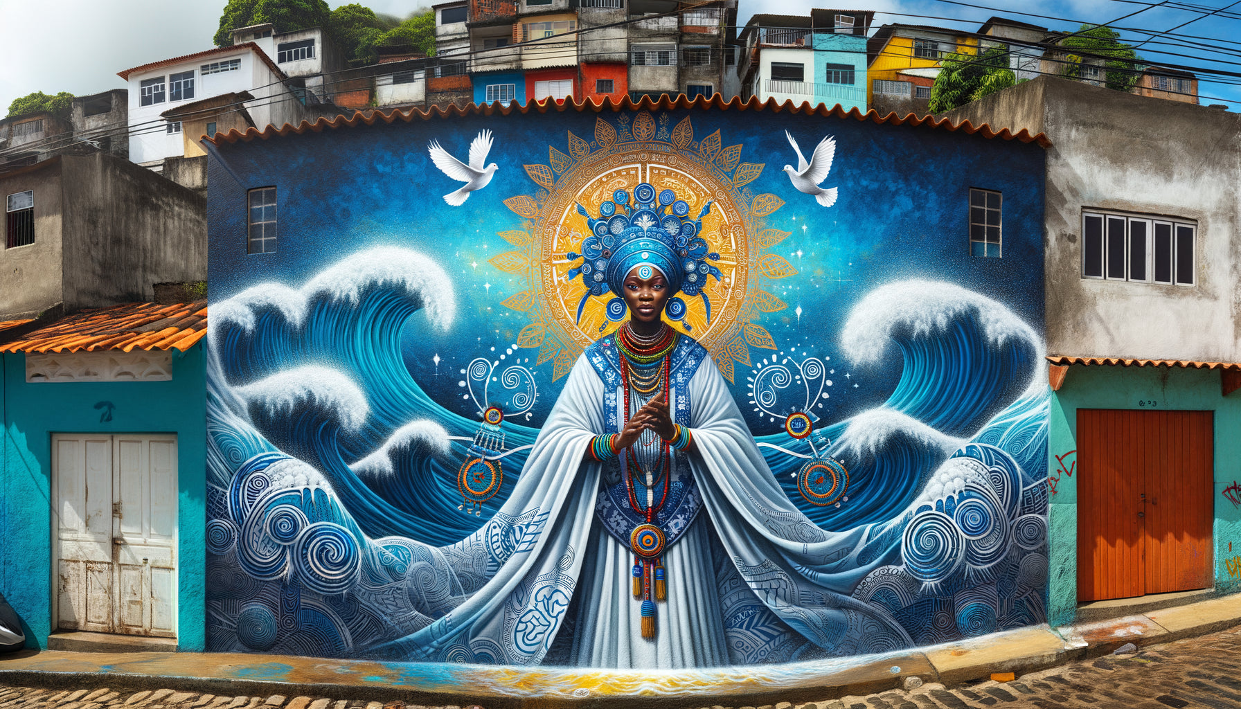 Fresque murale afro-brésilienne dans favela de Salvador représentant orixás yoruba avec symboles adinkra et couleurs rituelles vibrantes