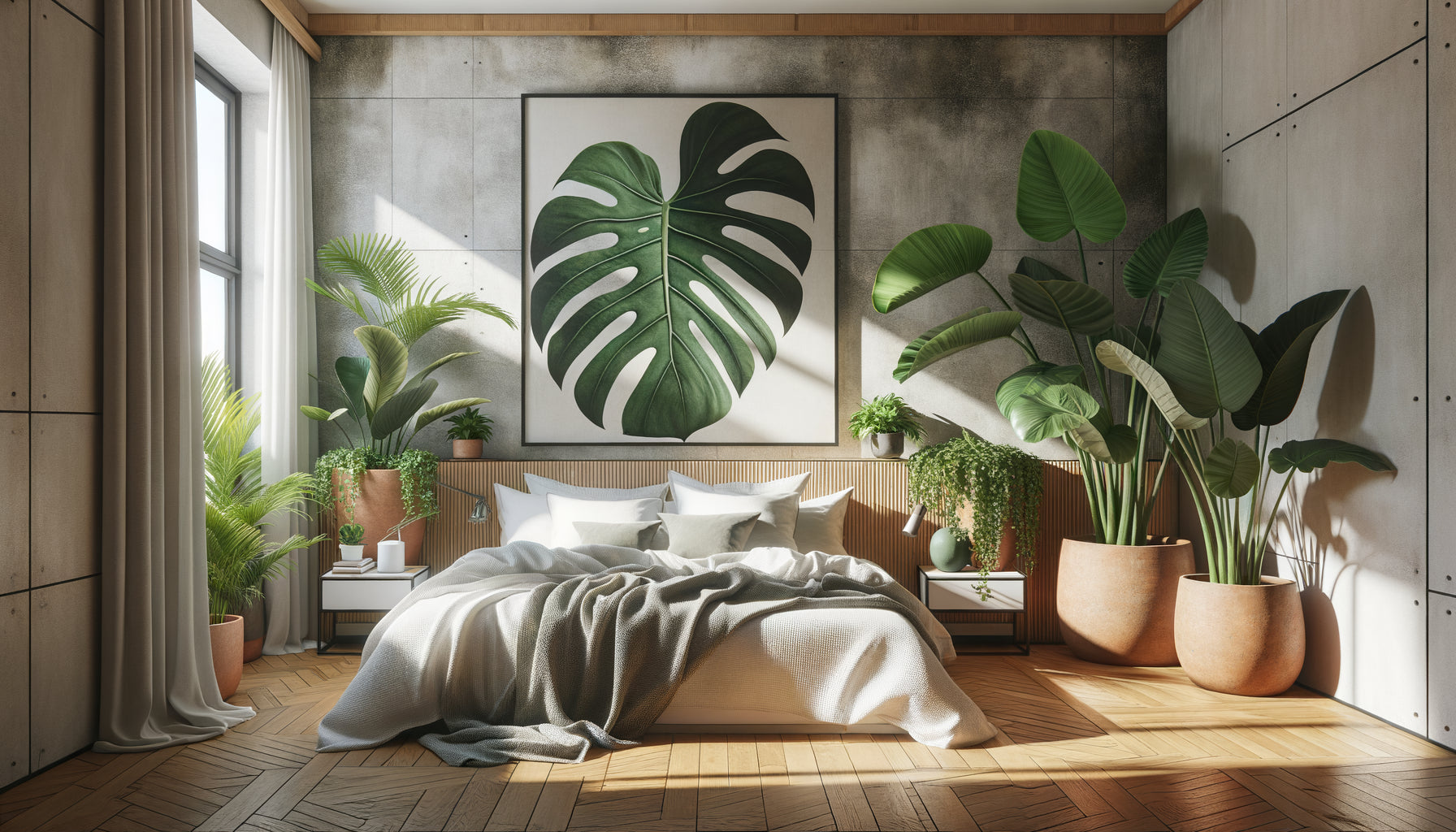 Art mural feuilles de monstera dans Airbnb moderne style jungle urbaine sophistiquée et biophilique