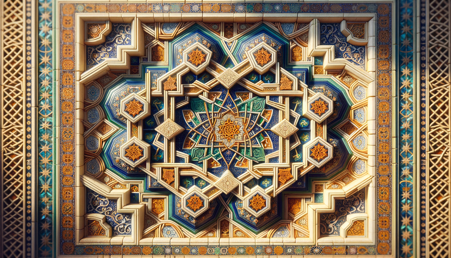 Art mural islamique maghrébin médiéval avec géométrie sacrée, calligraphie coufique et arabesques en zellige coloré, VIIe-Xe siècle