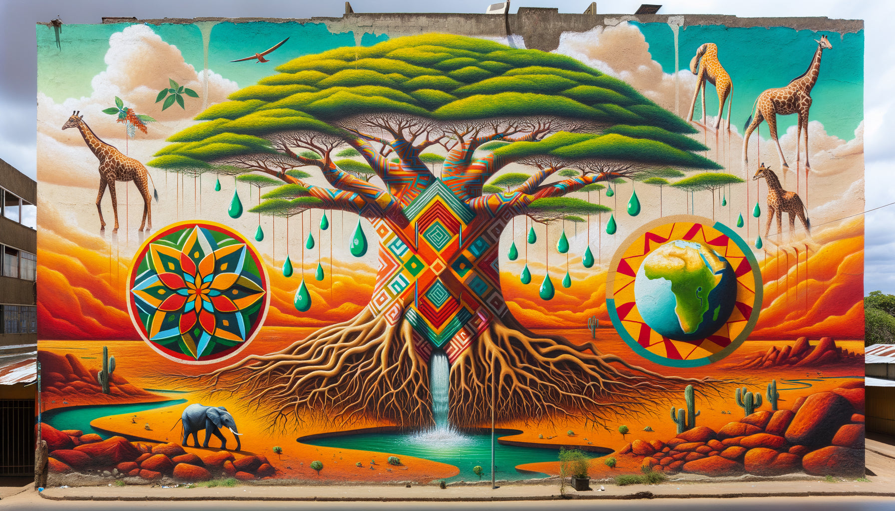 Art mural kenyan contemporain des années 2000 à Nairobi fusionnant esthétique africaine et thèmes environnementaux