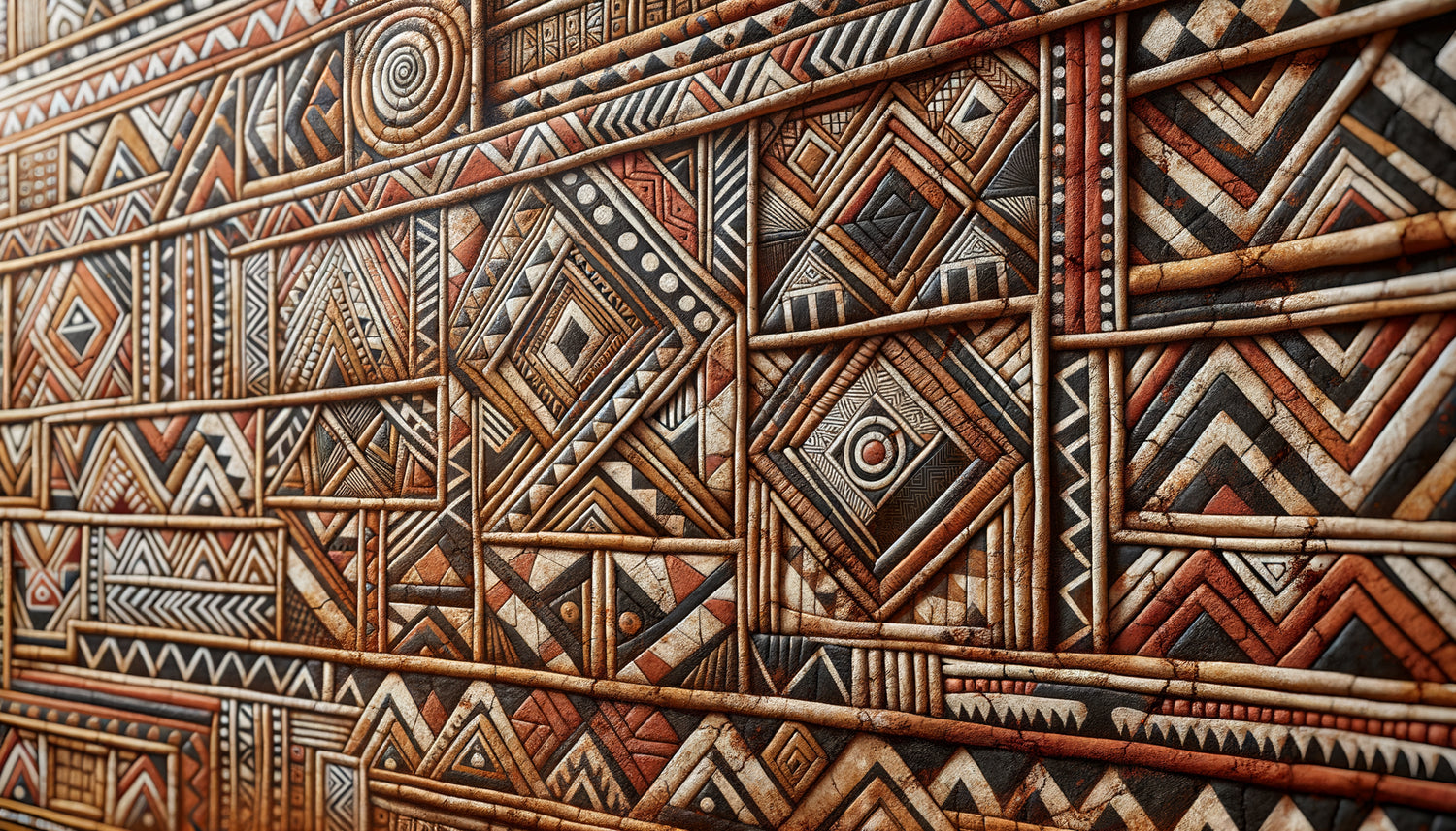 Composition murale traditionnelle Luo du Kenya avec motifs géométriques inspirés de la vannerie ancestrale