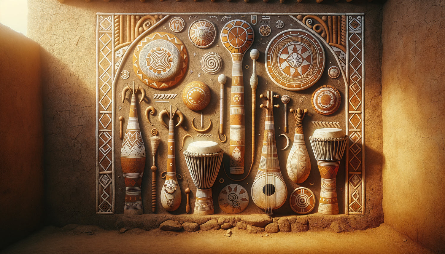 Fresque murale traditionnelle mandingue de Guinée représentant balafon, djembé et kora avec motifs spirituels sur mur d'argile ocre
