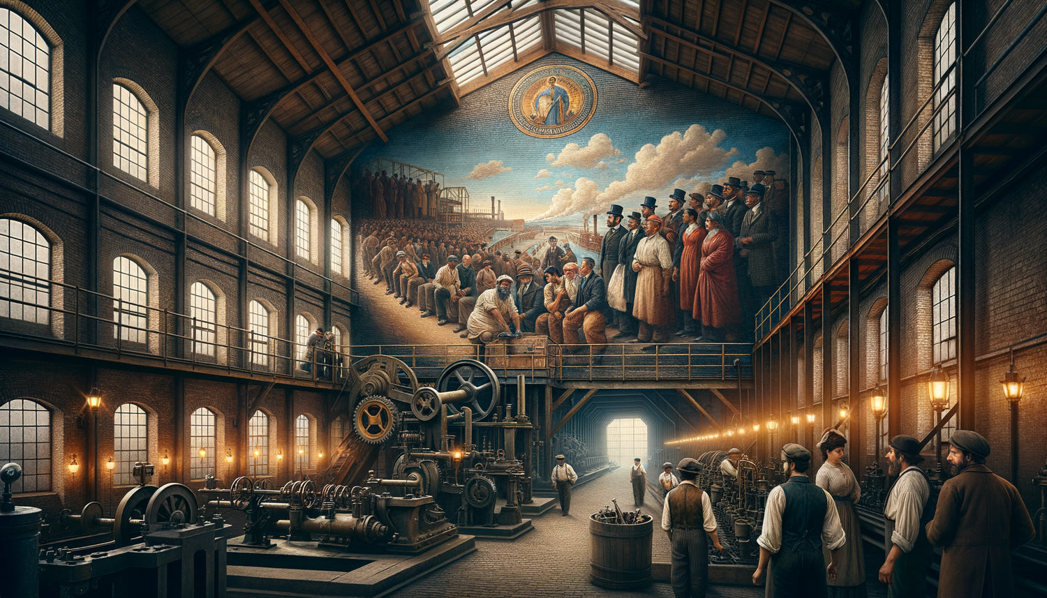 Fresque murale moralisatrice victorienne dans une manufacture du 19ème siècle, art mural industriel historique