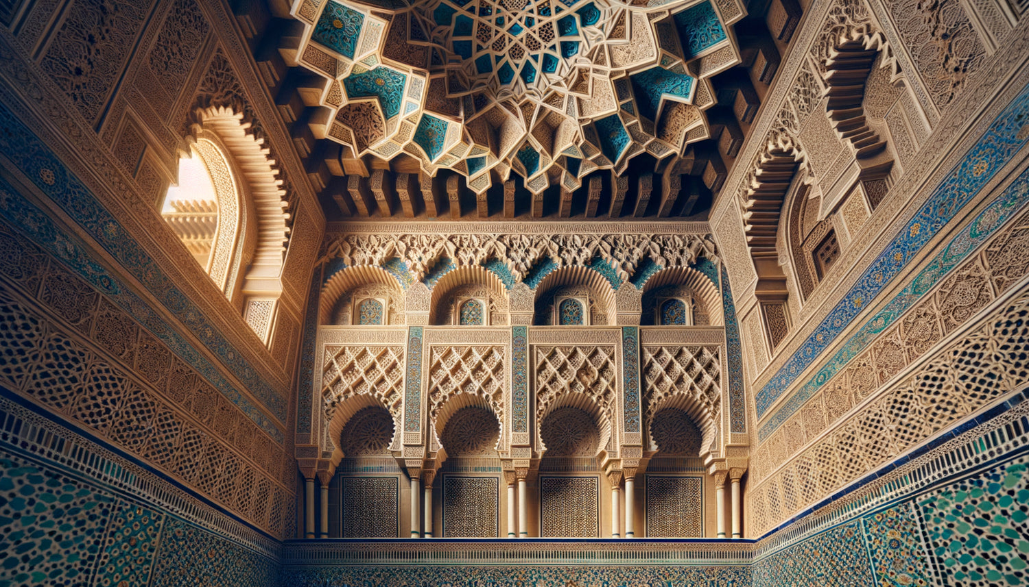 Art mural marocain-andalou du 15ème siècle avec zelliges géométriques, stucs ciselés et motifs mocárabes hispano-mauresques