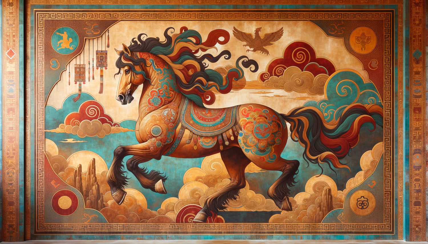 Peinture murale mongole traditionnelle représentant un cheval majestueux au galop, style artistique millénaire avec pigments minéraux et ornements spirituels