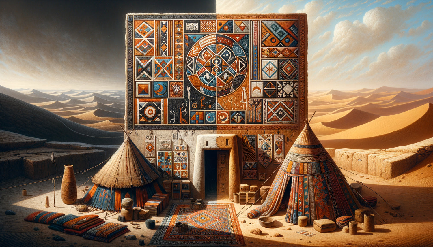 Contraste entre art mural nomade touareg textile géométrique et fresques monumentales sédentaires sur maisons de terre du Sahel