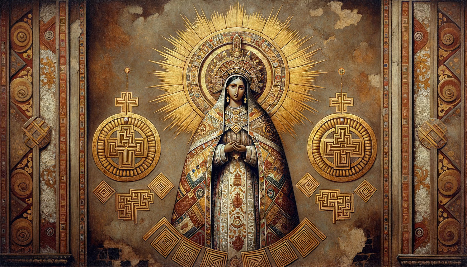 Fresque murale coloniale péruvienne fusionnant iconographie catholique et motifs géométriques andins incas traditionnels