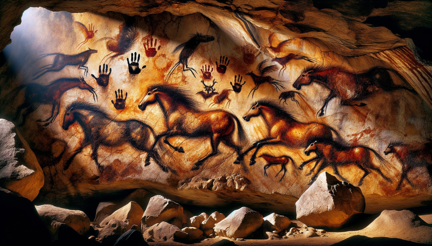 Peinture rupestre paléolithique représentant chevaux et bisons à l'ocre sur paroi calcaire d'une grotte sacrée préhistorique