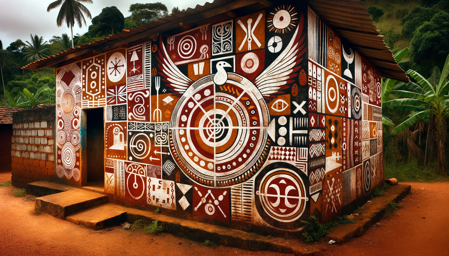 Fresque murale de quilombo brésilien avec symboles adinkra, cosmogrammes kongo et motifs yoruba perpétuant les traditions africaines