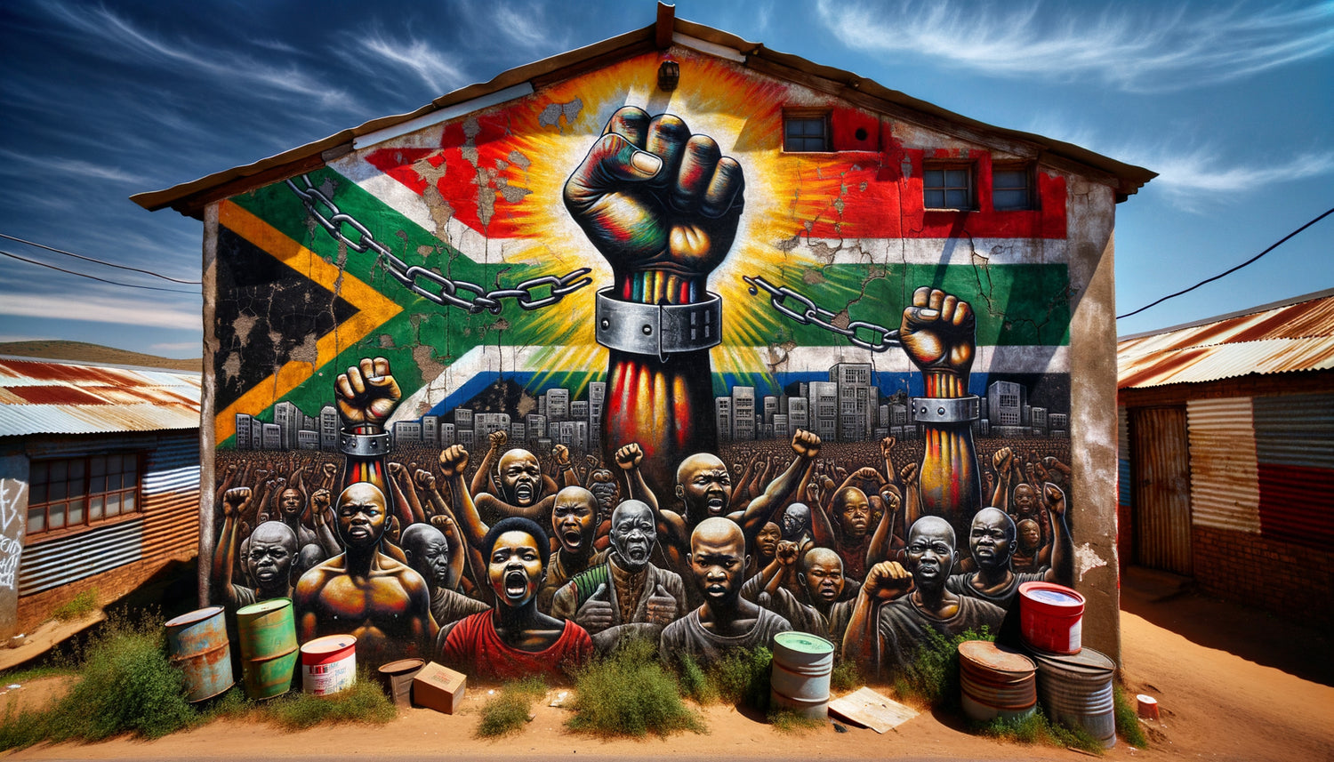 Fresque murale de résistance anti-apartheid dans un township sud-africain, années 1980, couleurs pan-africaines et symboles de libération