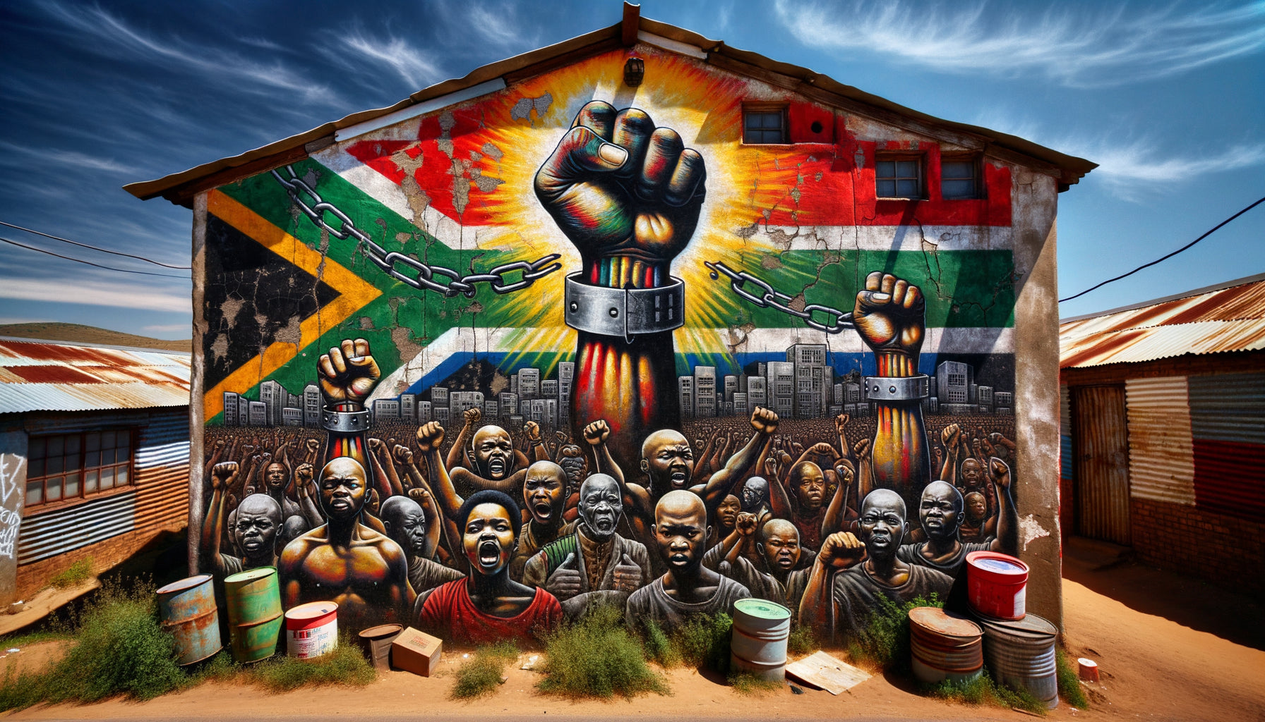 Fresque murale de résistance anti-apartheid dans un township sud-africain, années 1980, couleurs pan-africaines et symboles de libération
