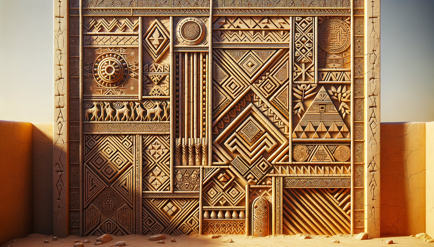 Façade murale sarakollé du Mali avec motifs géométriques en argile représentant les routes commerciales transsahariennes, art traditionnel soninké