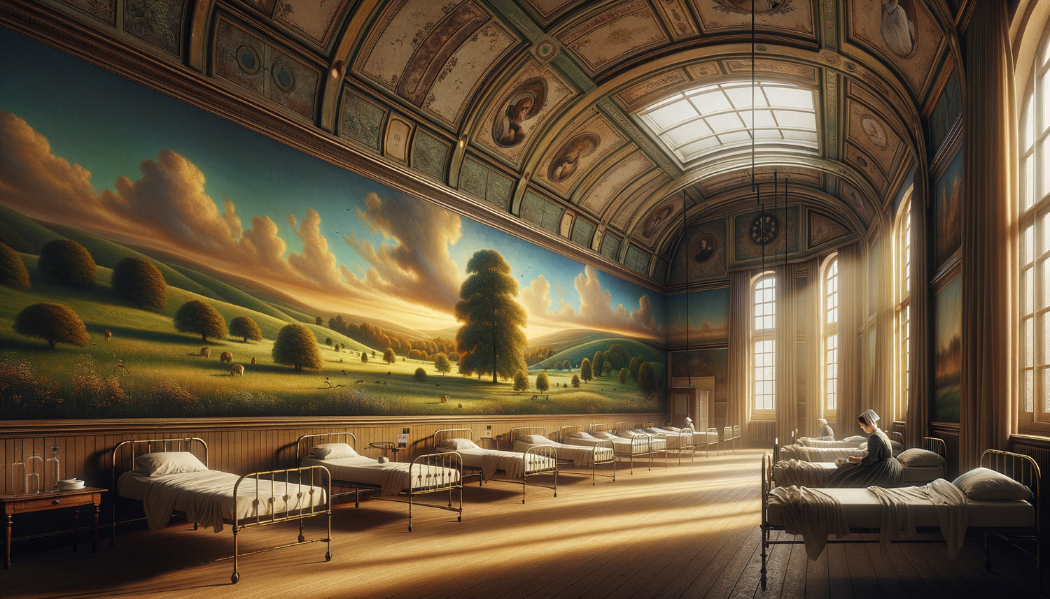 Salle d'hôpital victorienne des années 1860 avec fresque murale thérapeutique pastorale, ère Florence Nightingale