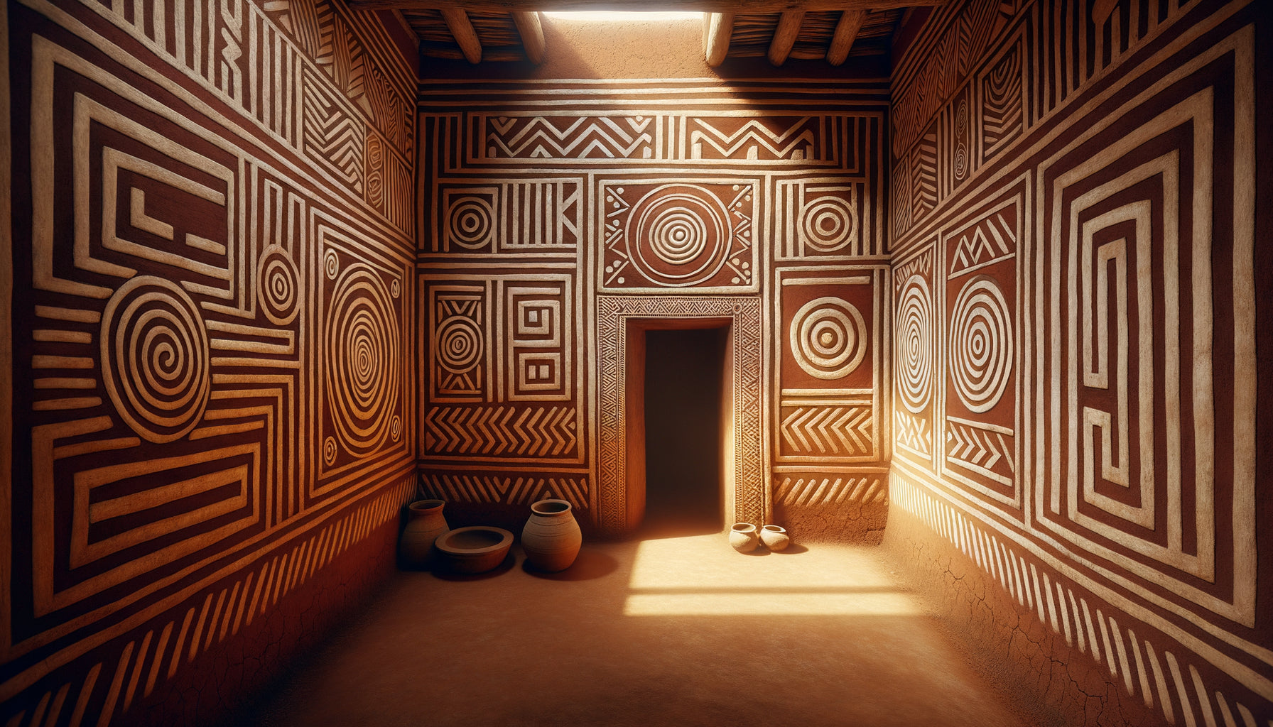 Art mural traditionnel Tutsi du Rwanda avec motifs géométriques symbolisant la hiérarchie sociale, pigments naturels sur mur en terre