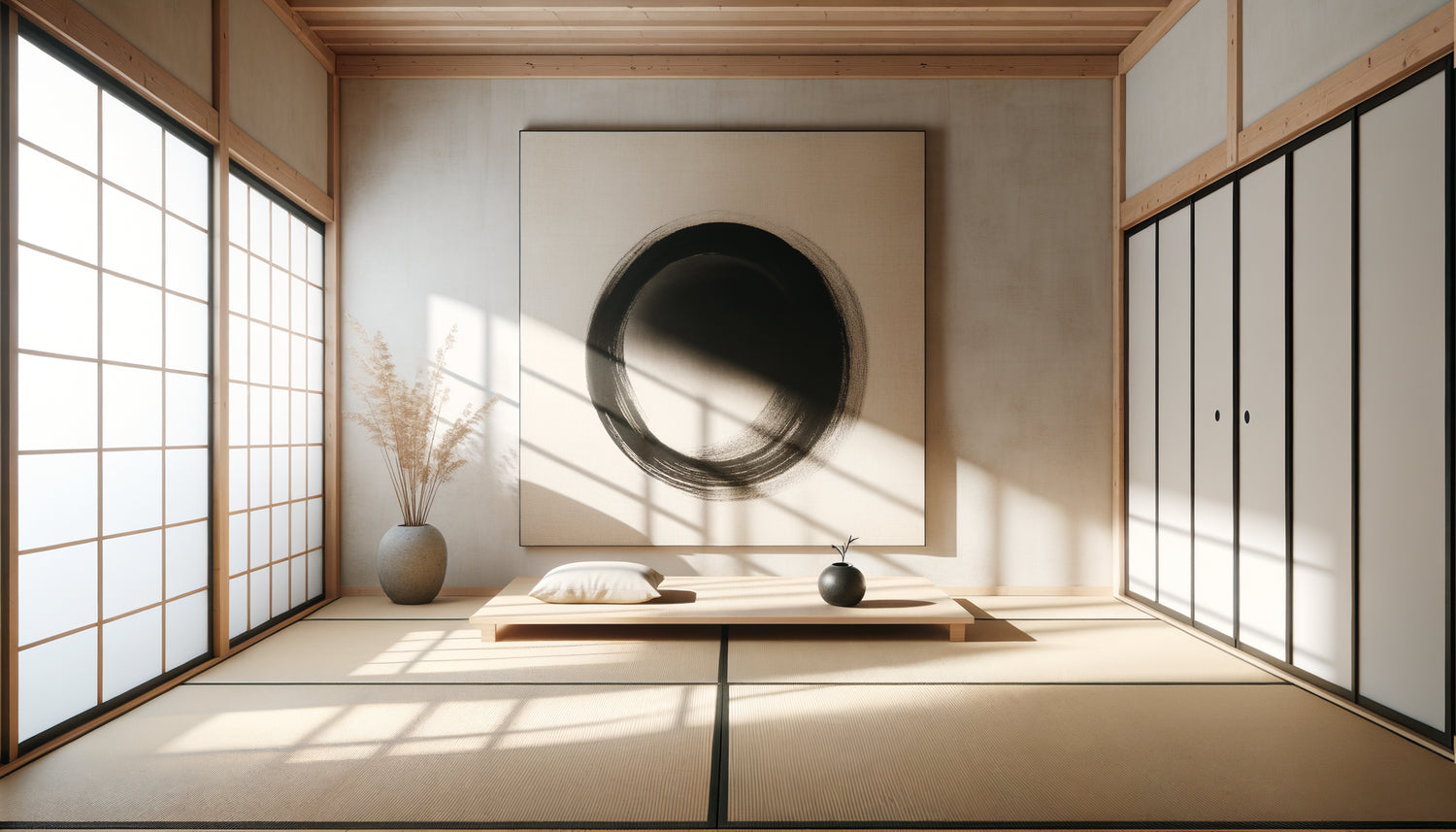 Intérieur minimaliste japonais zen avec peinture ensō authentique sur mur blanc, tatami et lumière naturelle