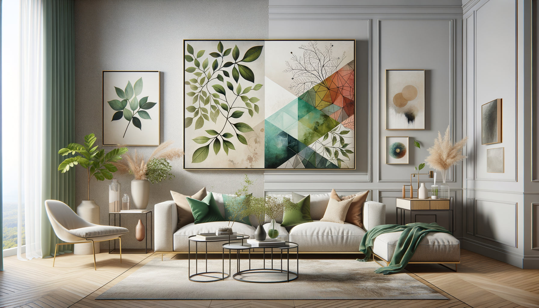 Comparaison visuelle entre œuvre d'art naturelle apaisante et composition abstraite stimulante dans intérieur contemporain sophistiqué