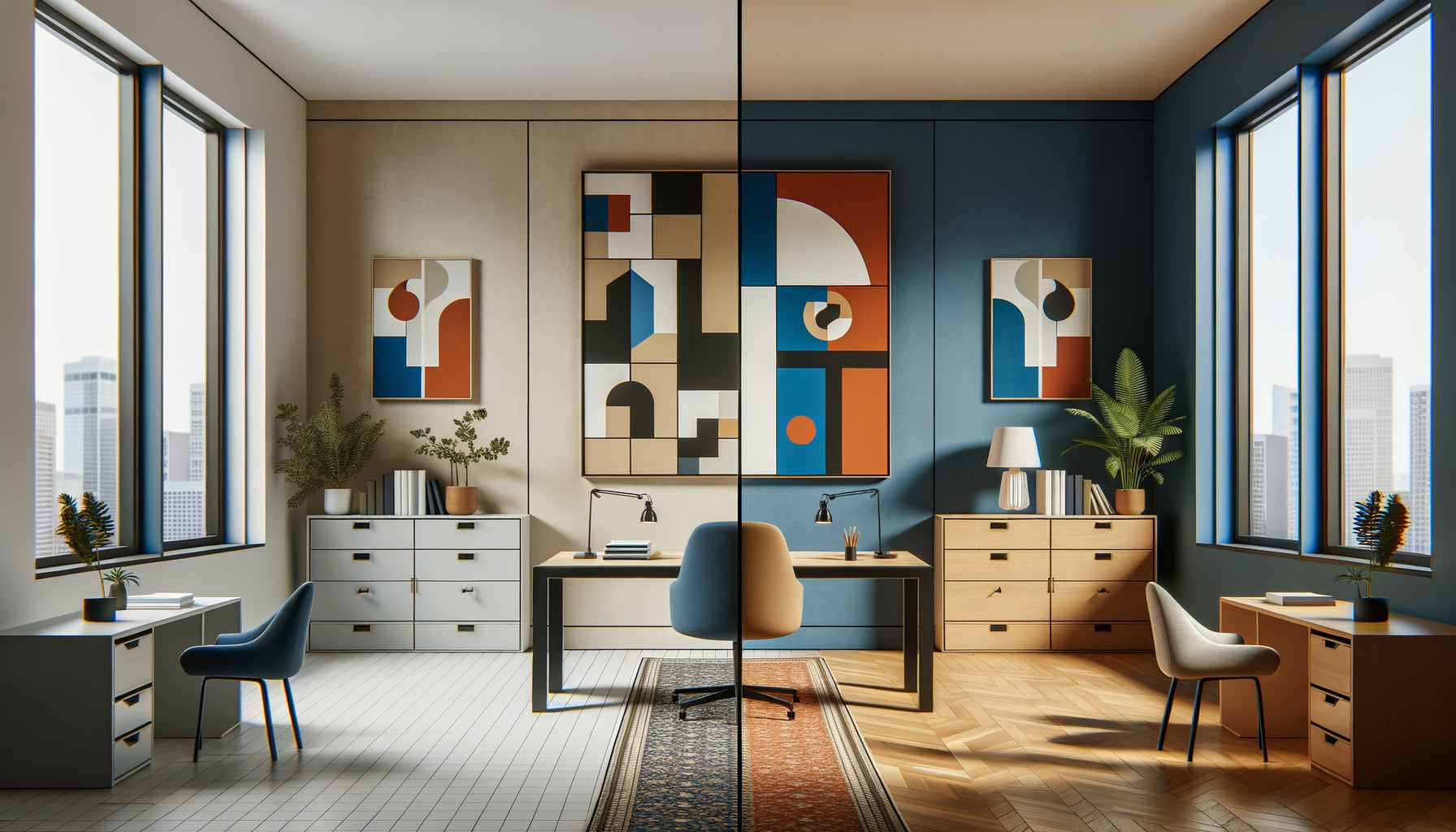 Comparaison espace professionnel neutre versus cabinet à identité artistique affirmée et colorée
