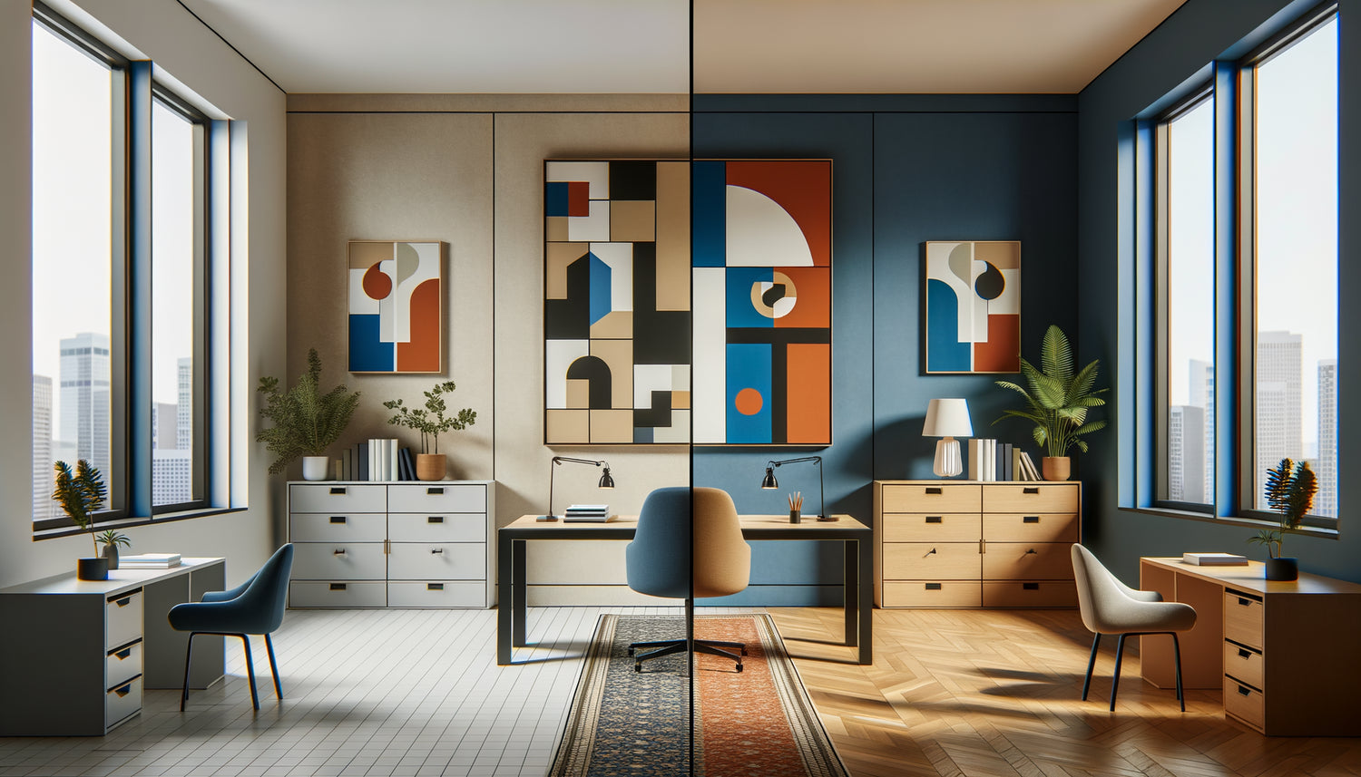 Comparaison espace professionnel neutre versus cabinet à identité artistique affirmée et colorée